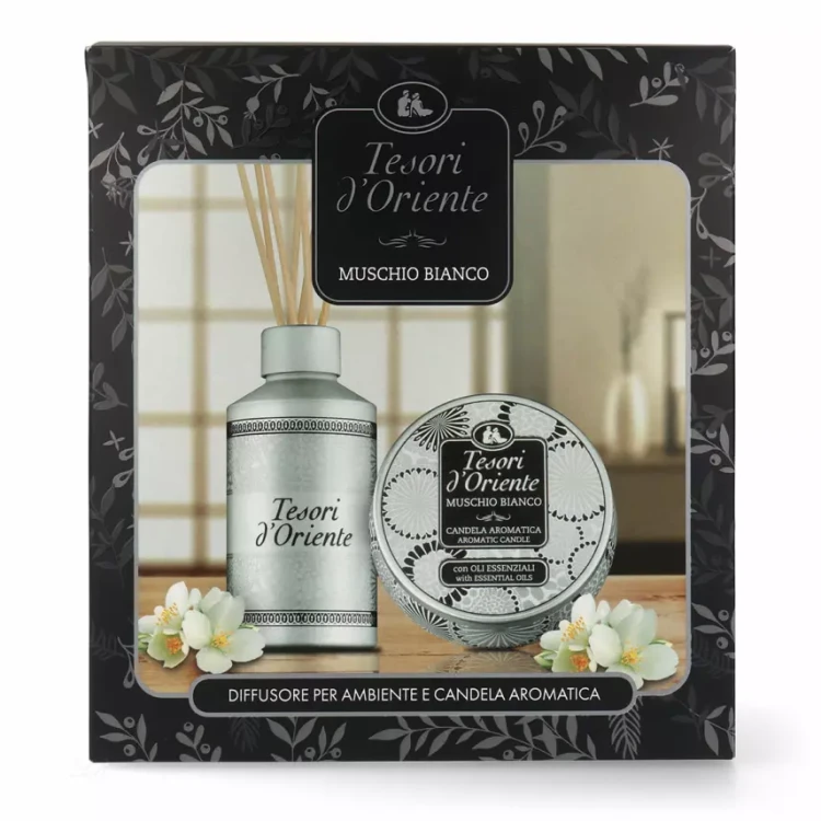 tesori d'Oriente zestaw patyczki + świeca Muschio Bianco