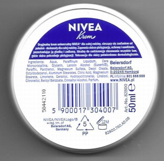 NIVEA CREME krem uniwersalny 50ml tył opakowania