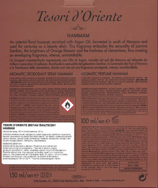 Tesori d'Oriente Hammam: perfum 100ml + dezodorant 150ml tył opakowania