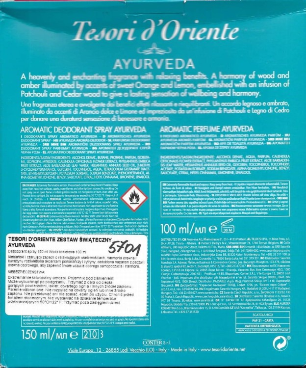 Tesori d'Oriente Ayurveda: perfum 100ml + dezodorant 150ml tył opakowania