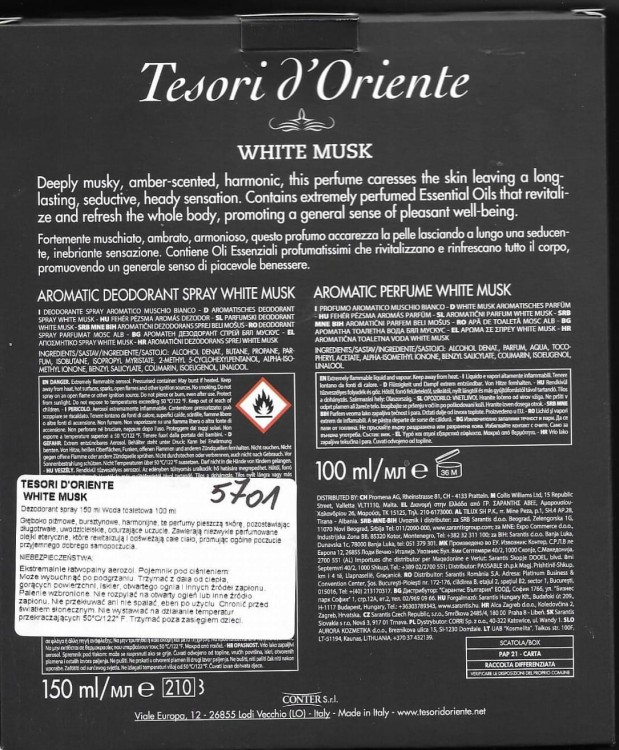 Tesori d'Oriente White Musk: perfum 100ml + dezodorant 150ml tył opakowania
