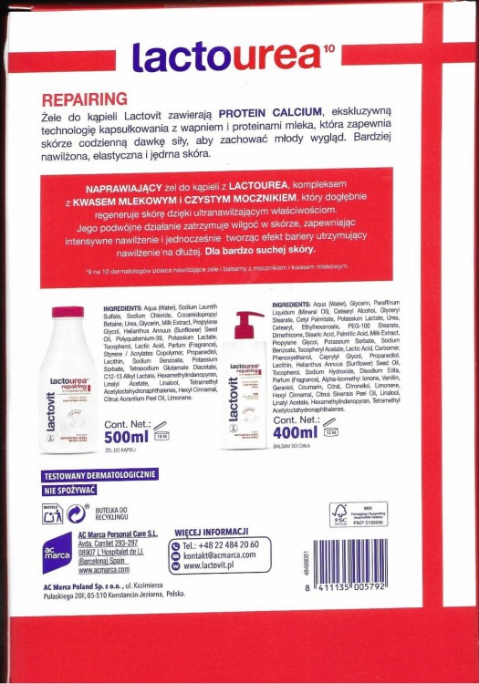 Zestaw Lactourea repairing balsam + żel do kąpieli tył opakowania