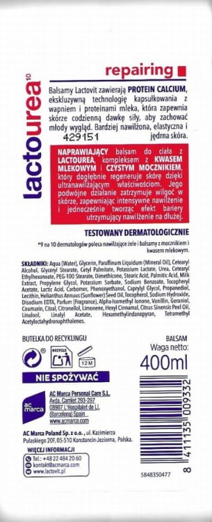 Lactovit Lactourea repairing balsam 400ml tył opakowania