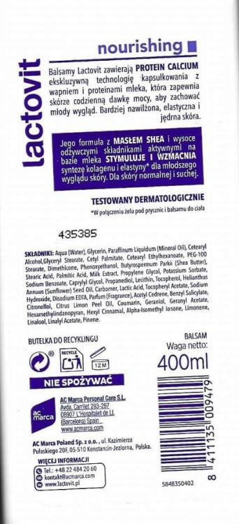 Lactovit Lactourea Nourishing balsam do ciała 400ml  tył opakowania
