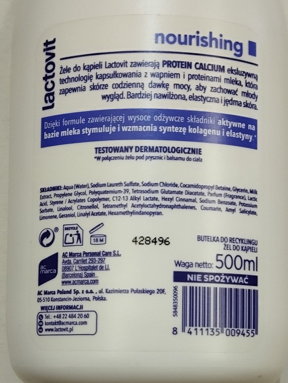 Lactovit Lactourea Nourishing żel do kąpieli 500ml tył opakowania