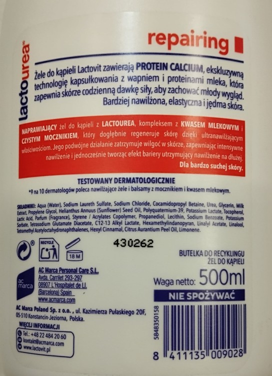Lactovit Lactourea repairing żel do kąpieli 500ml tył opakowania