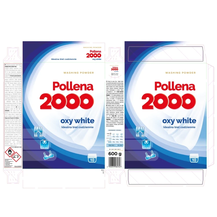 Pollena 2000 proszek do prania  firan i białych tkanin 600g karton z opisem