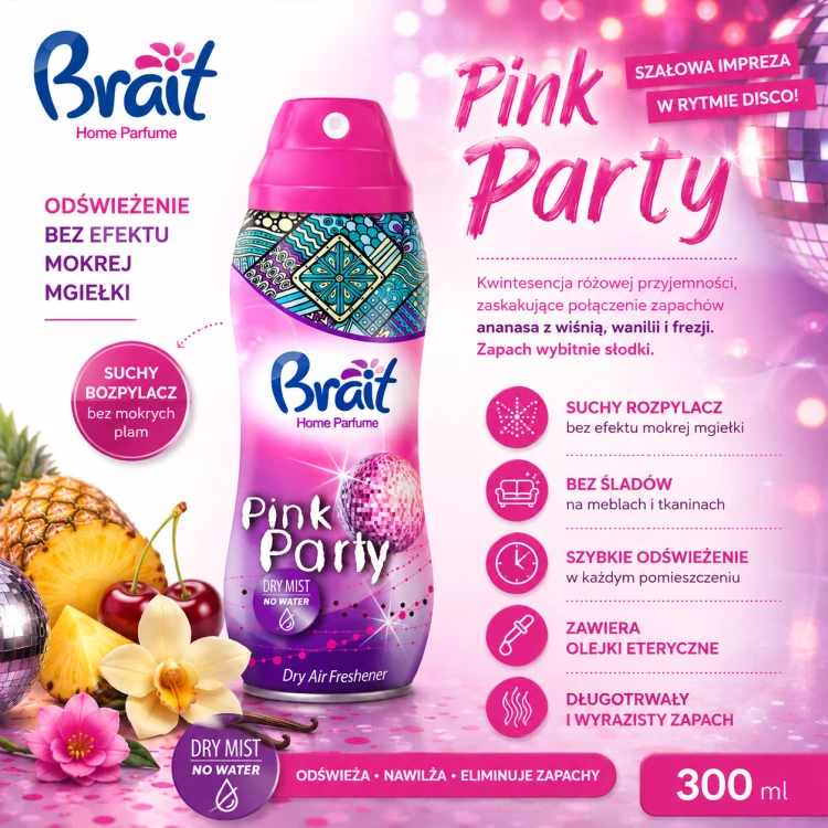 Odświeżacz Brait suchy Pink Party 300ml zalety produktu