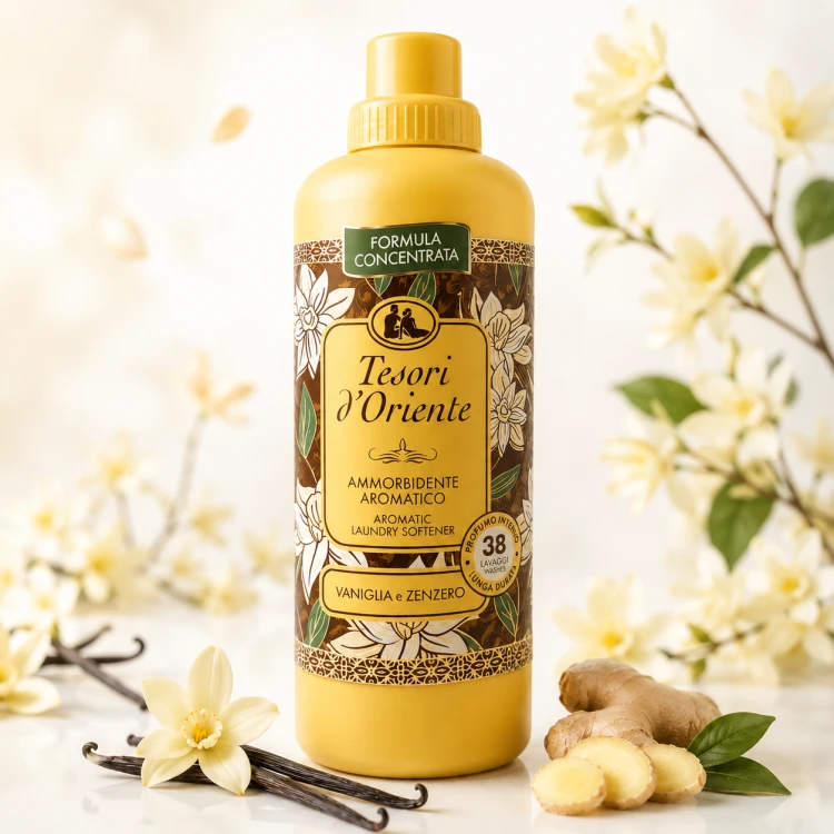 Płyn do płukania Tesori d'oriente WANILIA i IMBIR 760ml na tle kwiatów