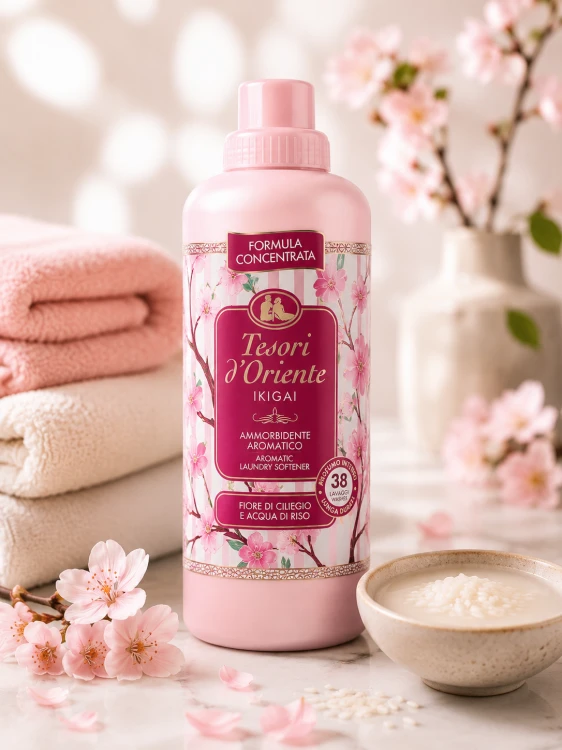 Elegancka aranżacja produktowa w stylu spa. Płyn do płukania Tesori d'Oriente Ikigai w otoczeniu miękkich ręczników, kwiatów wiśni i wody ryżowej. Jasne tło, subtelne światło i harmonijna atmosfera podkreślają wyjątkowy charakter zapachu.