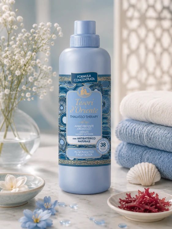 Subtelna aranżacja inspirowana morską świeżością. Tesori d'Oriente Thalasso Therapy w otoczeniu miękkich ręczników, delikatnych kwiatów, muszli i czerwonych alg. Jasna kolorystyka oraz spokojne światło podkreślają relaksujący charakter zapachu.