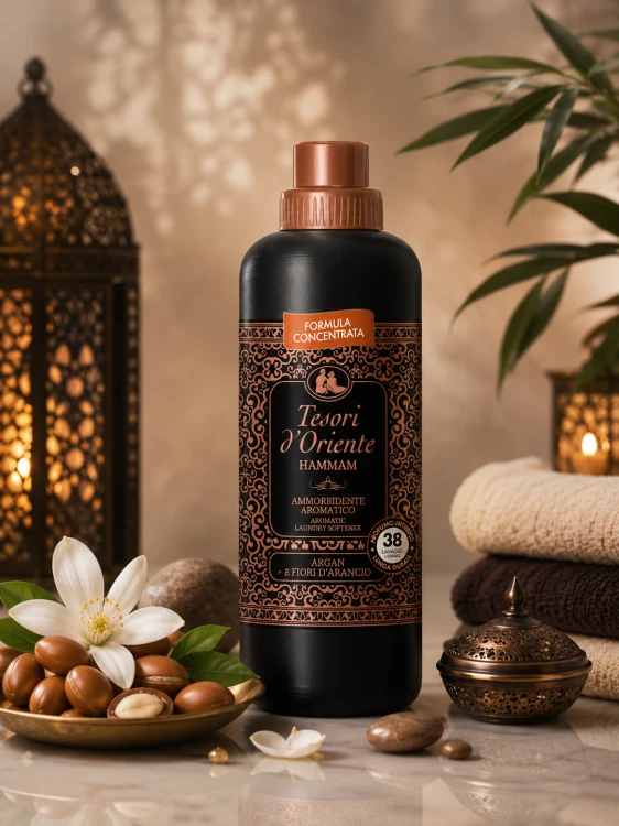Elegancka aranżacja inspirowana orientalnym rytuałem Hammam. Tesori d'Oriente Hammam w otoczeniu oleju arganowego, kwiatów pomarańczy i miękkich ręczników. Ciepłe światło oraz luksusowe detale podkreślają głębię i wyjątkowy charakter zapachu.