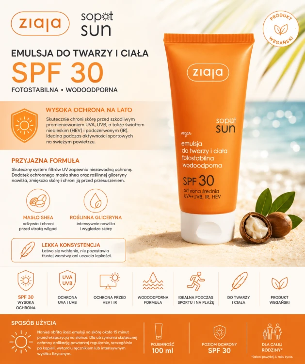 Ziaja Sopot Sun emulsja do twarzy i ciała SPF30 100ml  szczegółowa grafika