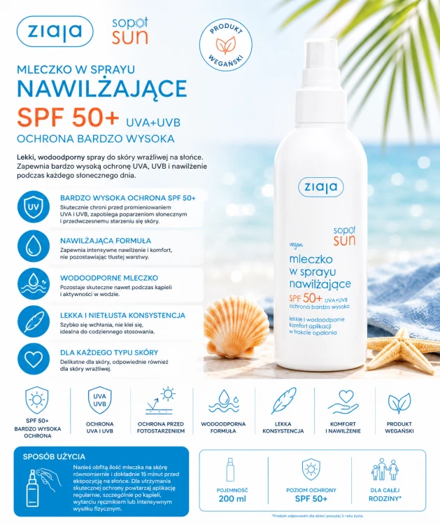 Ziaja Sopot Sun mleczko nawilżające SPF50+  szczegółowa grafika
