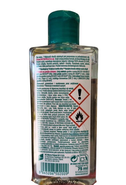 Sanytol Żel dezynfekujący do rąk Zielona Herbata 75 ml tył opakowania