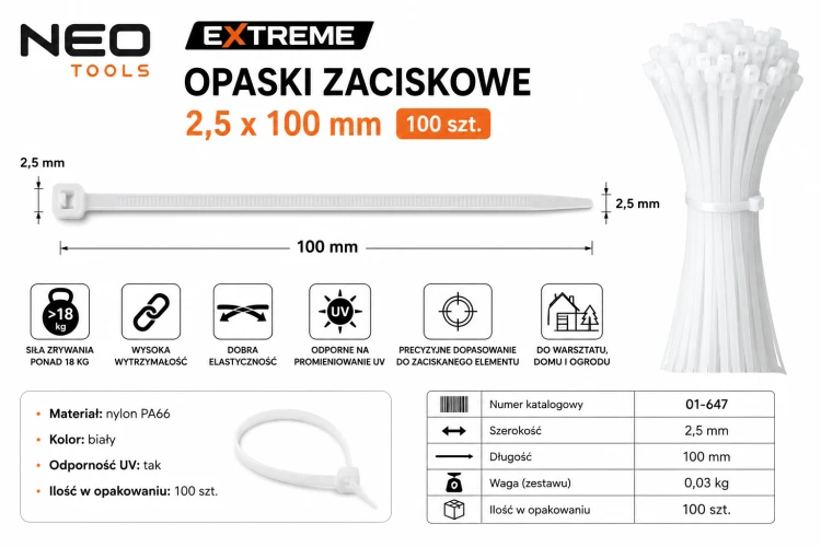 Opaski zaciskowe EXTREME NEO TOOLS 2,5 x 100 mm białe 100 szt.
