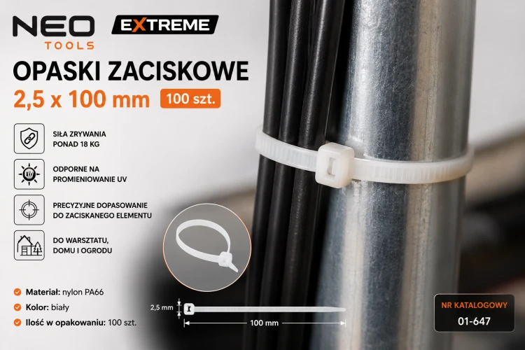 Opaski zaciskowe EXTREME NEO TOOLS 2,5 x 100 mm białe 100 szt.