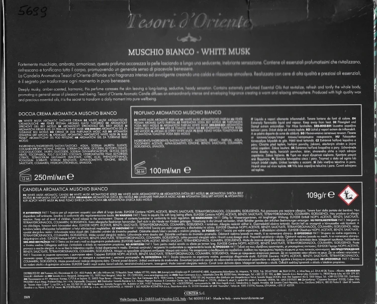 Tesori Muschio Bianco: woda EDT 100ml, żel pod prysznic + świeca tył opakowania