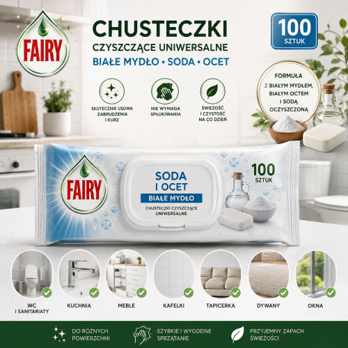 FAIRY Chusteczki czyszczące uniwersalne Białe Mydło – Soda i Ocet, 100 szt.