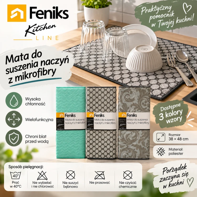 Mata do suszenia naczyń z mikrofibry Feniks Kitchen Line 38 × 48 cm grafika szczegółowa