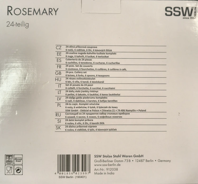 Sztućce 24 elementy Rosemary 912038 – SSW tył opakowania