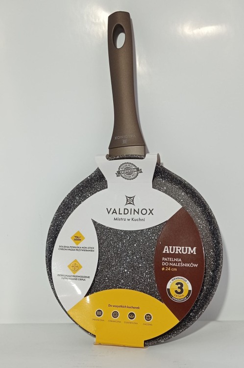 Patelnia do naleśników 24cm Valdinox Aurum czarna nakrapiana. Rączka w kolorze starego złota z antypoślizgową powłoką