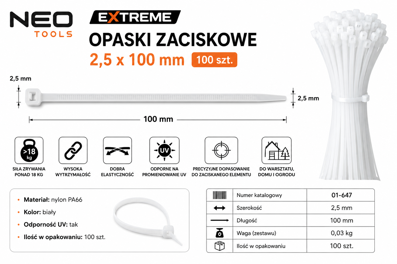 Opaski zaciskowe EXTREME NEO TOOLS 2,5 x 100 mm białe 100 szt.